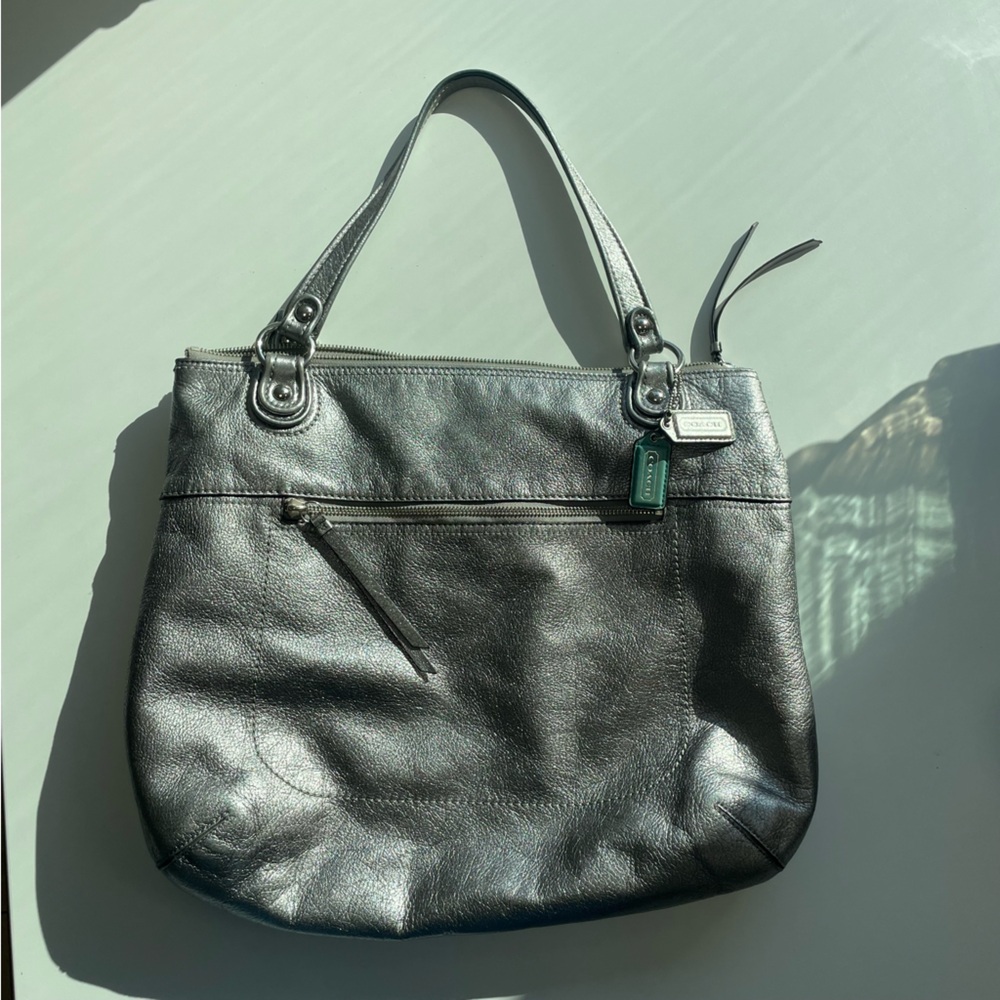 Coach Silver Camelia Distressed Leather Shoulder Bag